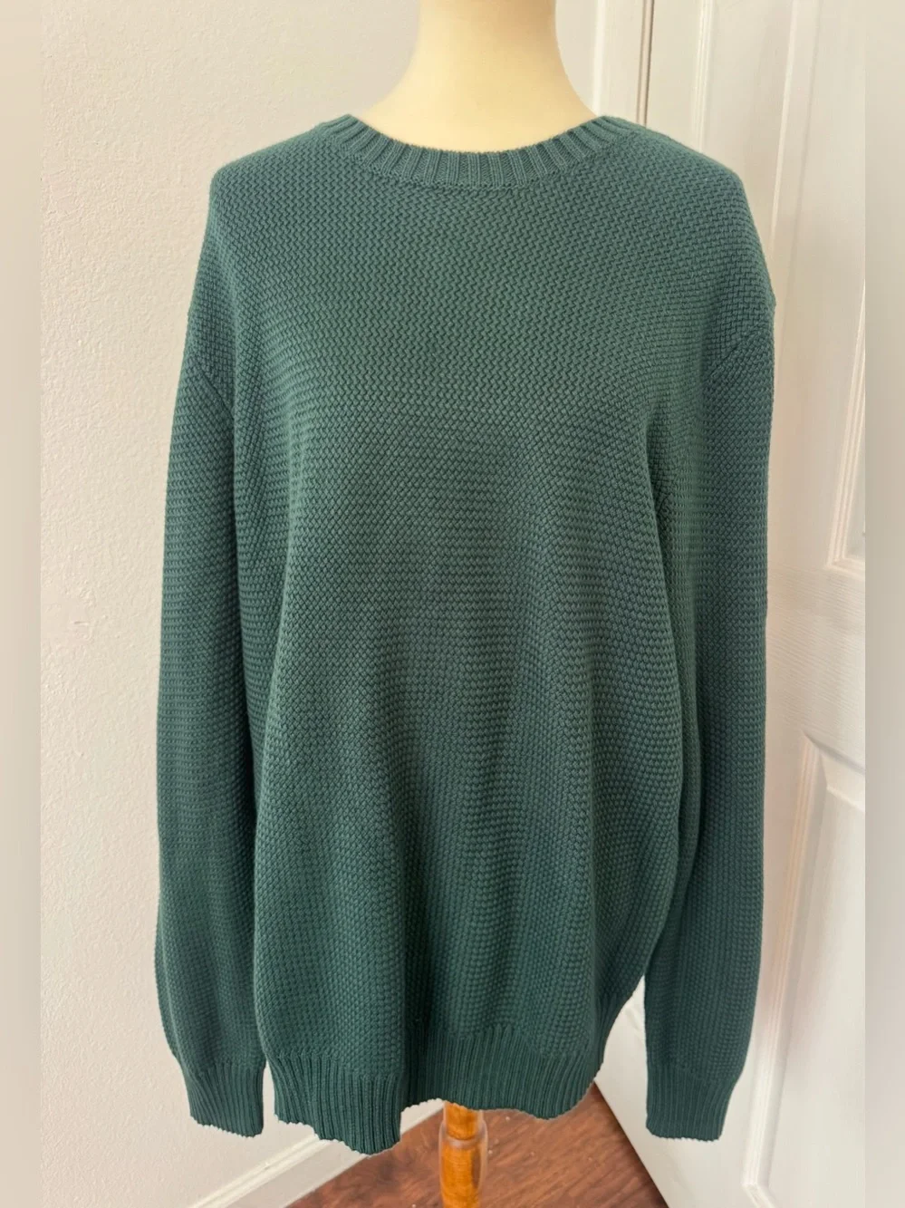 J.Crew Basket Stitch Cotton Crewneck Sweater Green Textured Knit Coastal XL